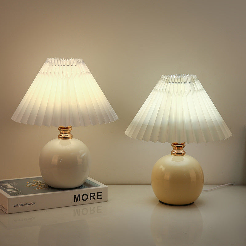 Art Deco Pleated Fabric Ceramic Table Lamp - 1-Light Orb Base for Bedroom