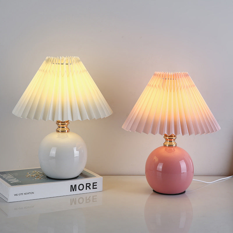 Art Deco Pleated Fabric Ceramic Table Lamp - 1-Light Orb Base for Bedroom