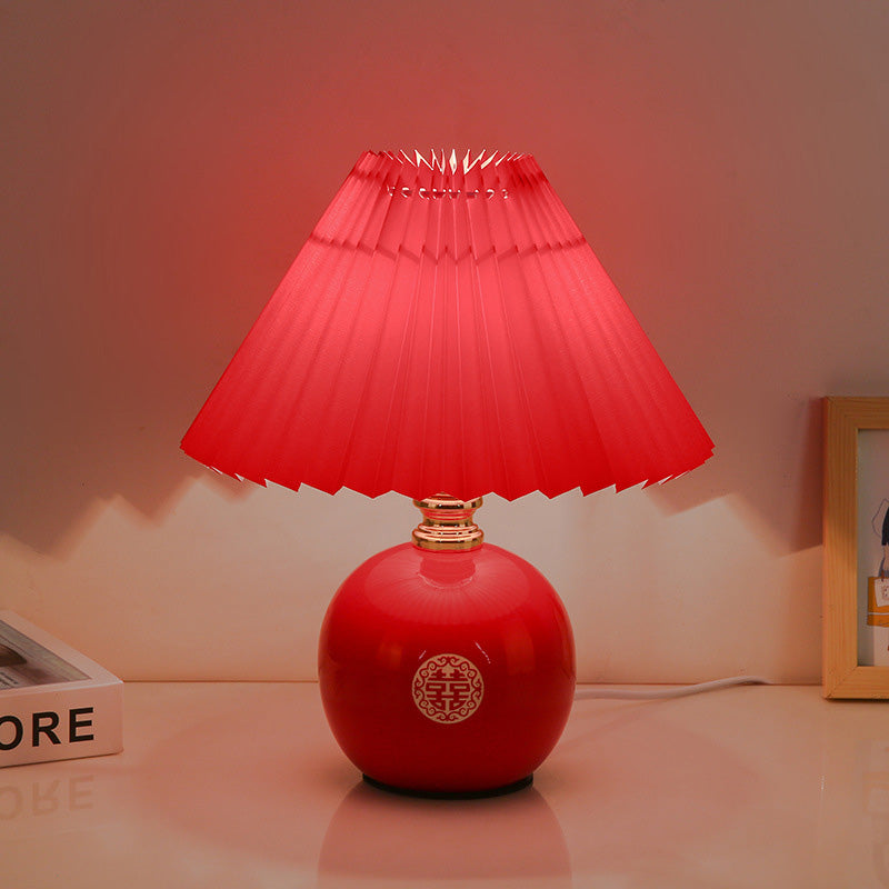 Art Deco Pleated Fabric Ceramic Table Lamp - 1-Light Orb Base for Bedroom