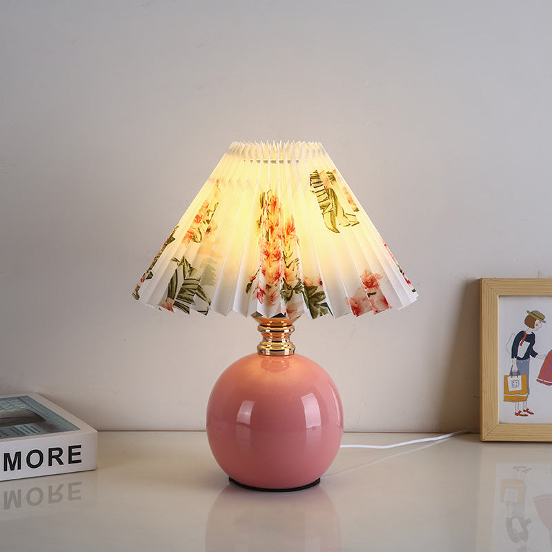 Art Deco Pleated Fabric Ceramic Table Lamp - 1-Light Orb Base for Bedroom