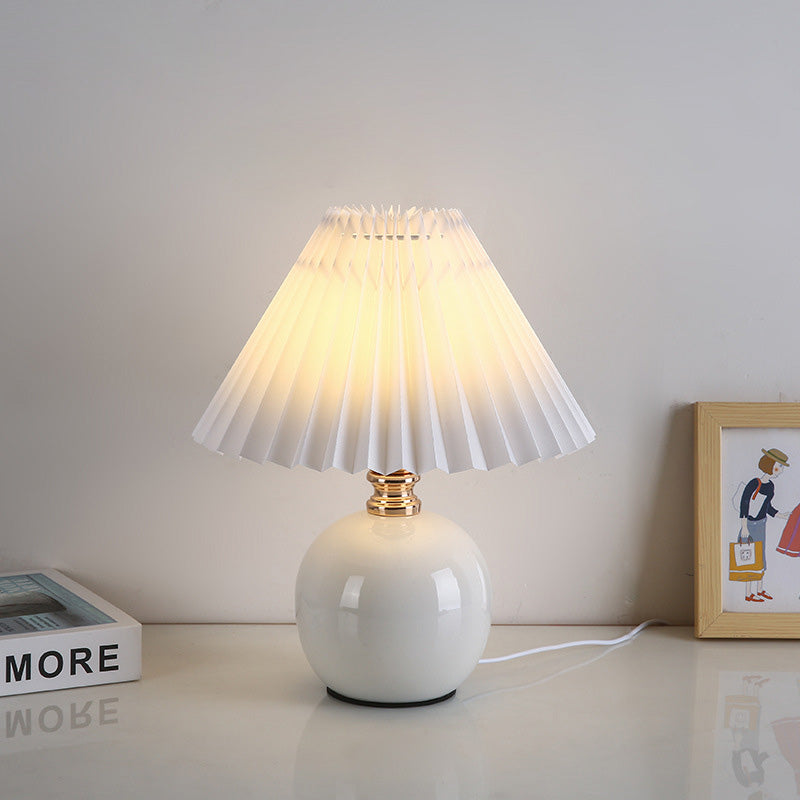 Art Deco Pleated Fabric Ceramic Table Lamp - 1-Light Orb Base for Bedroom