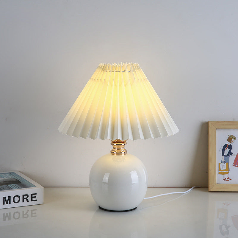 Art Deco Pleated Fabric Ceramic Table Lamp - 1-Light Orb Base for Bedroom