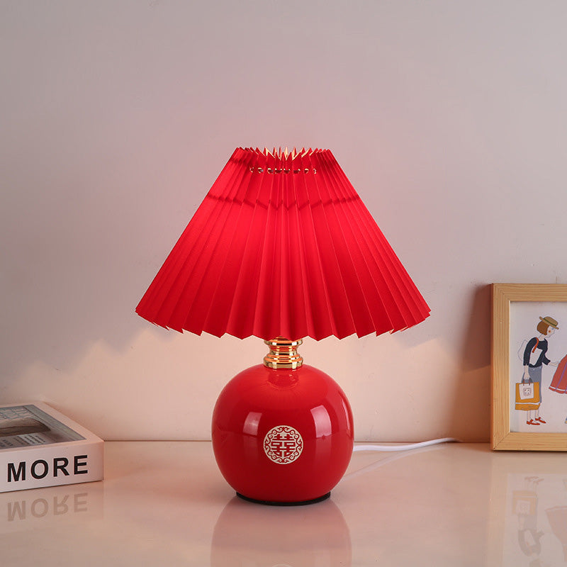 Art Deco Pleated Fabric Ceramic Table Lamp - 1-Light Orb Base for Bedroom