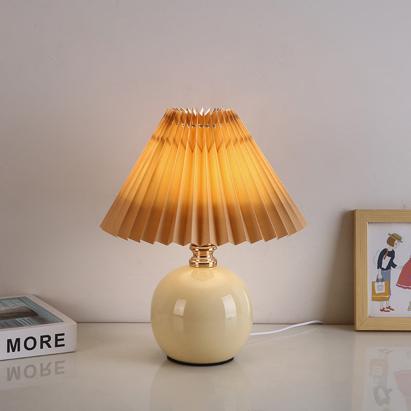 Art Deco Pleated Fabric Ceramic Table Lamp - 1-Light Orb Base for Bedroom