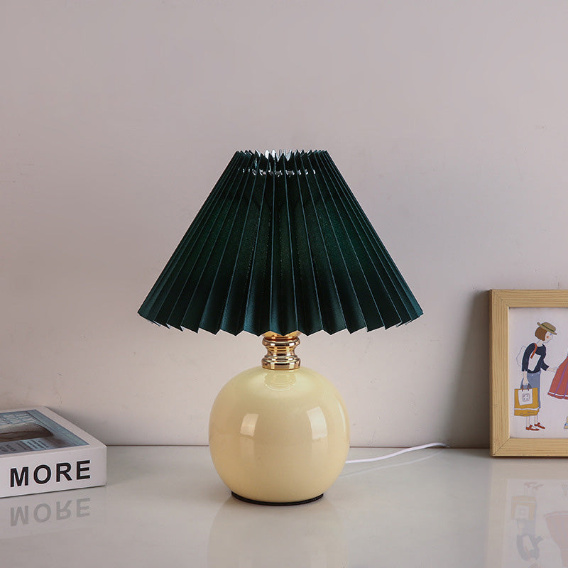 Art Deco Pleated Fabric Ceramic Table Lamp - 1-Light Orb Base for Bedroom