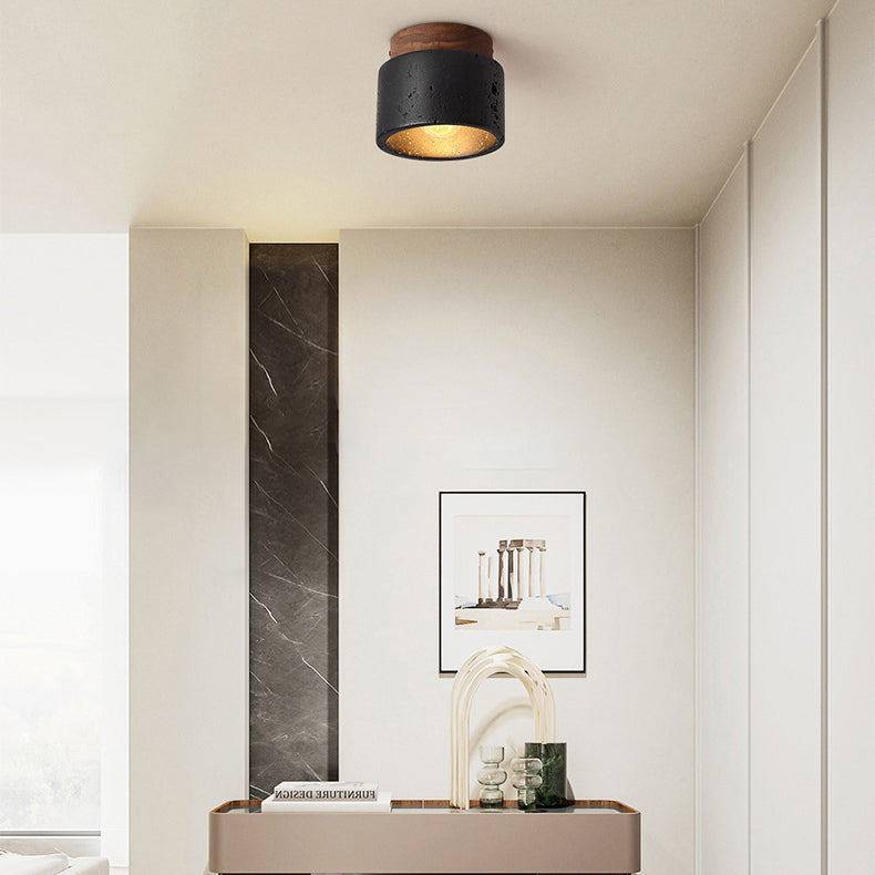 Japanese-Inspired Black Travertine 1-Light Semi-Flush Mount Ceiling Light for Hallway