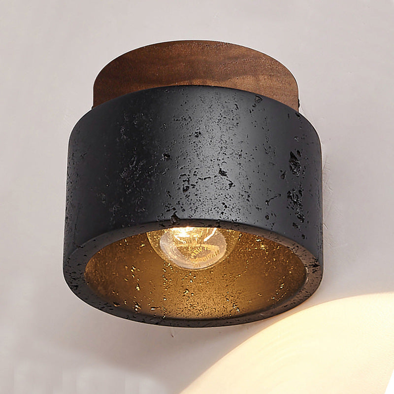 Japanese-Inspired Black Travertine 1-Light Semi-Flush Mount Ceiling Light for Hallway