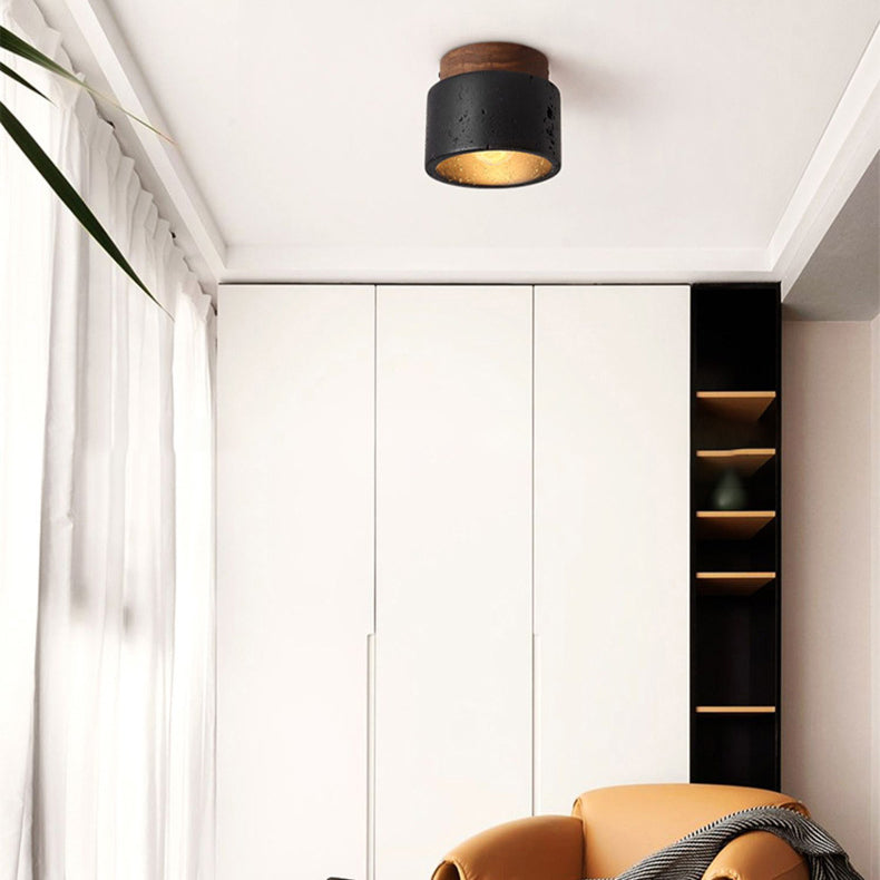 Japanese-Inspired Black Travertine 1-Light Semi-Flush Mount Ceiling Light for Hallway