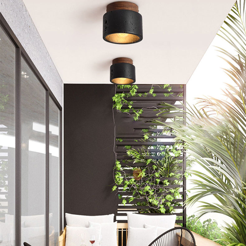 Japanese-Inspired Black Travertine 1-Light Semi-Flush Mount Ceiling Light for Hallway