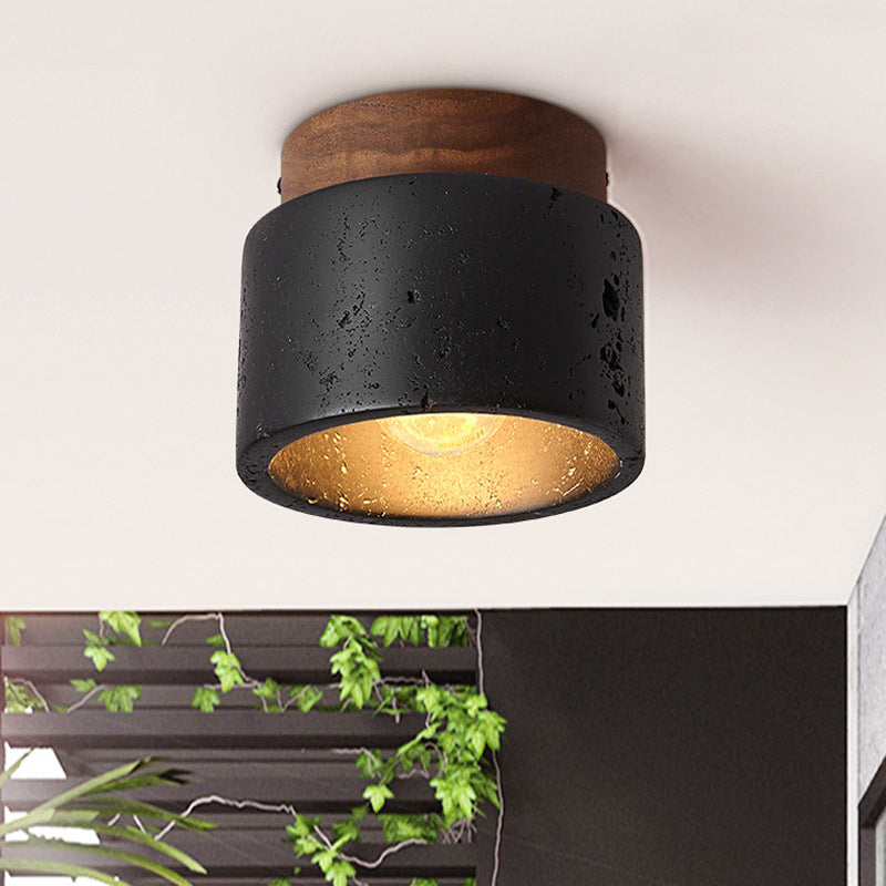 Japanese-Inspired Black Travertine 1-Light Semi-Flush Mount Ceiling Light for Hallway