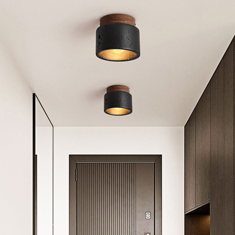 Japanese-Inspired Black Travertine 1-Light Semi-Flush Mount Ceiling Light for Hallway