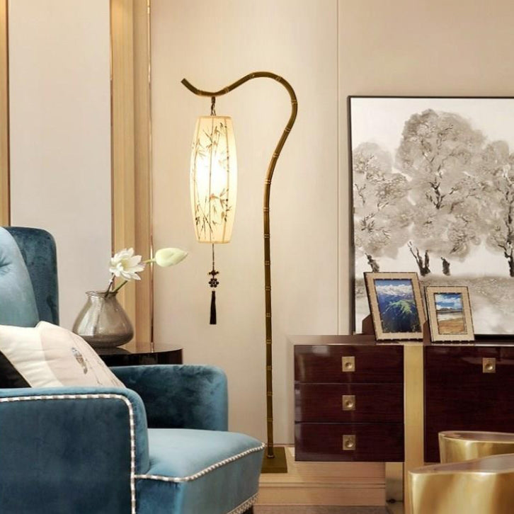 Premium Bamboo Patterned Floor Lamp - Traditional Chinese Lantern Design, 1-Light Iron Stand for Living Room