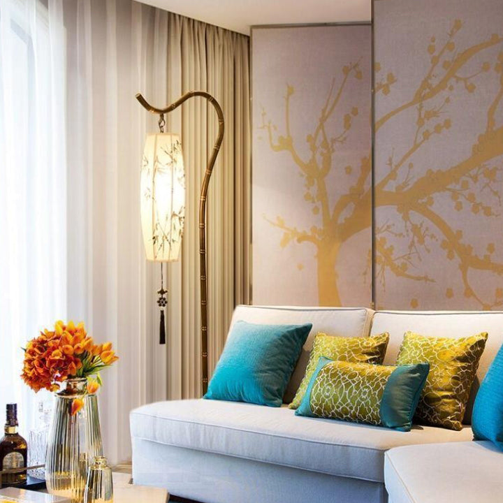 Premium Bamboo Patterned Floor Lamp - Traditional Chinese Lantern Design, 1-Light Iron Stand for Living Room