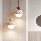 Japanese Multi Orb Wood and Travertine Pendant