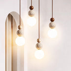 Japanese Multi Orb Wood and Travertine Pendant