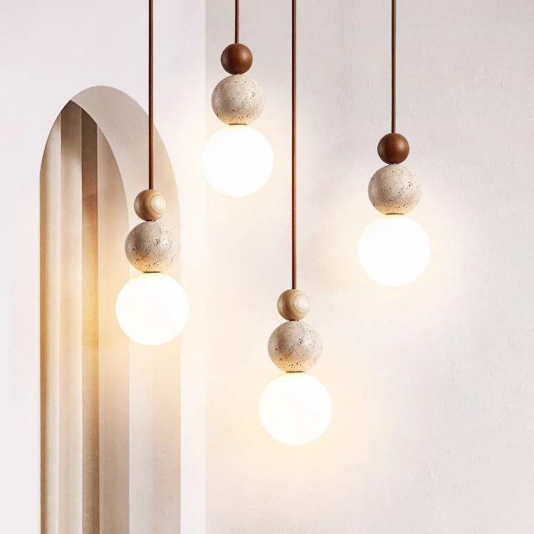 Japanese Multi Orb Wood and Travertine Pendant