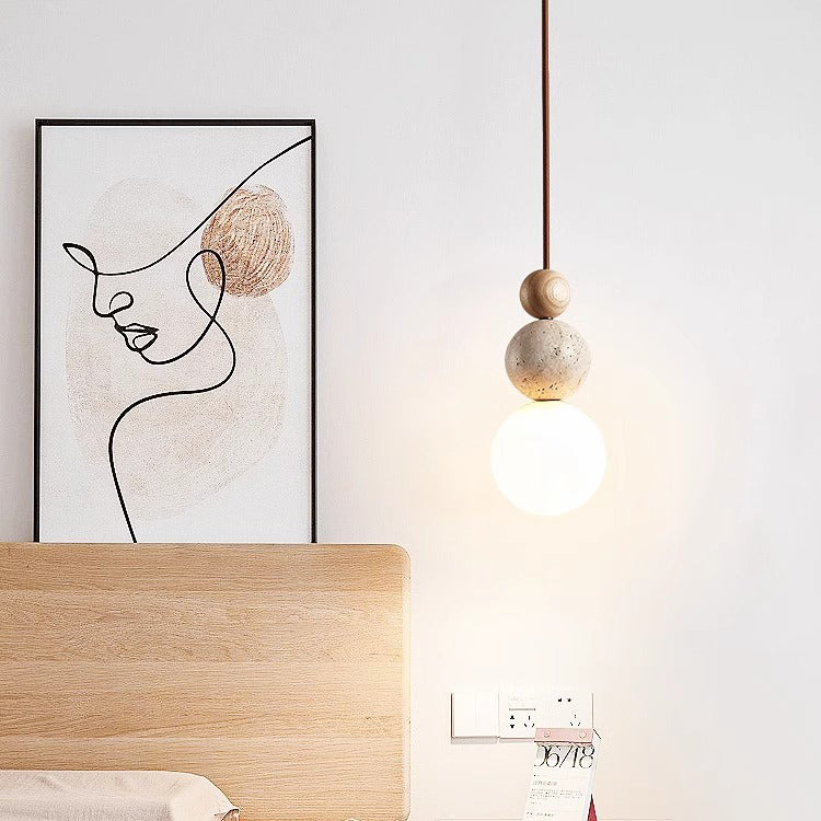 Japanese Multi Orb Wood and Travertine Pendant