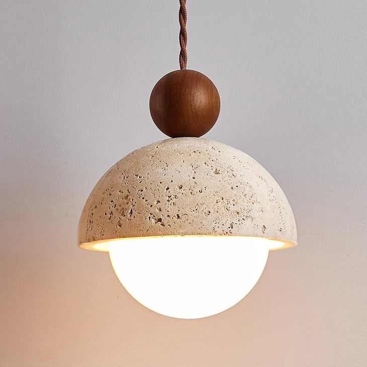 Japanese Multi Orb Wood and Travertine Pendant