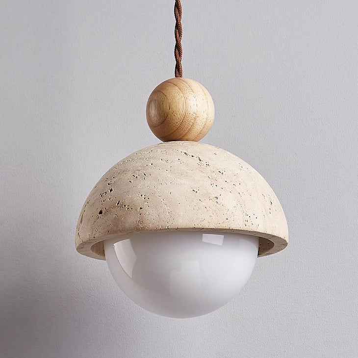 Japanese Multi Orb Wood and Travertine Pendant