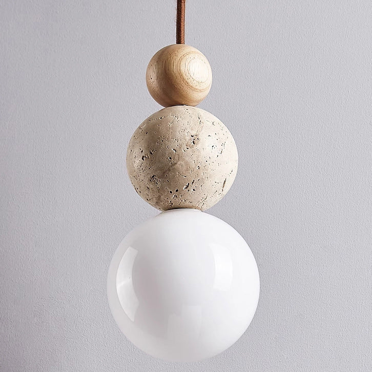 Japanese Multi Orb Wood and Travertine Pendant