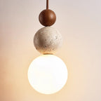 Japanese Multi Orb Wood and Travertine Pendant