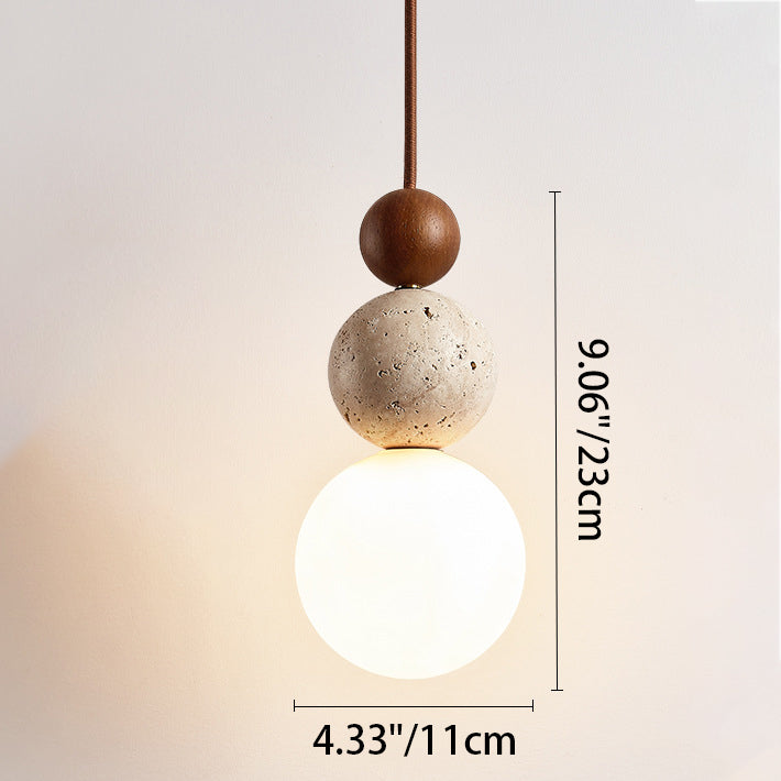 Japanese Multi Orb Wood and Travertine Pendant