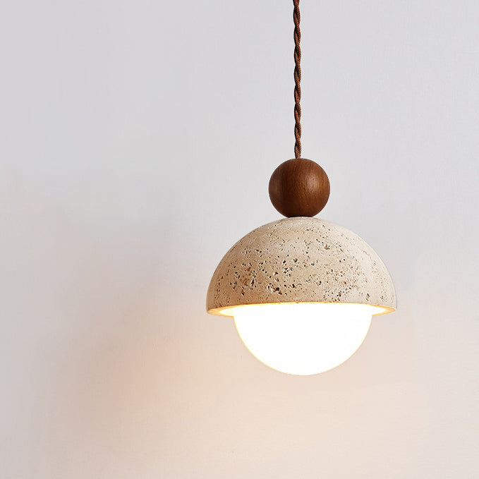 Japanese Multi Orb Wood and Travertine Pendant