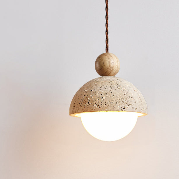 Japanese Multi Orb Wood and Travertine Pendant