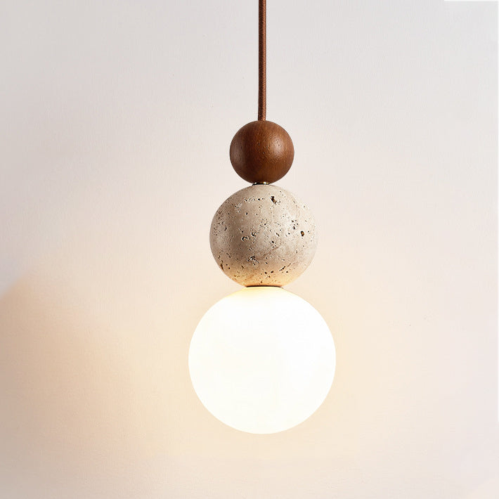 Japanese Multi Orb Wood and Travertine Pendant