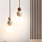 Japanese Multi Orb Wood and Travertine Pendant