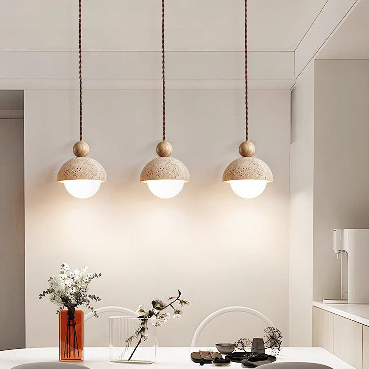 Japanese Multi Orb Wood and Travertine Pendant