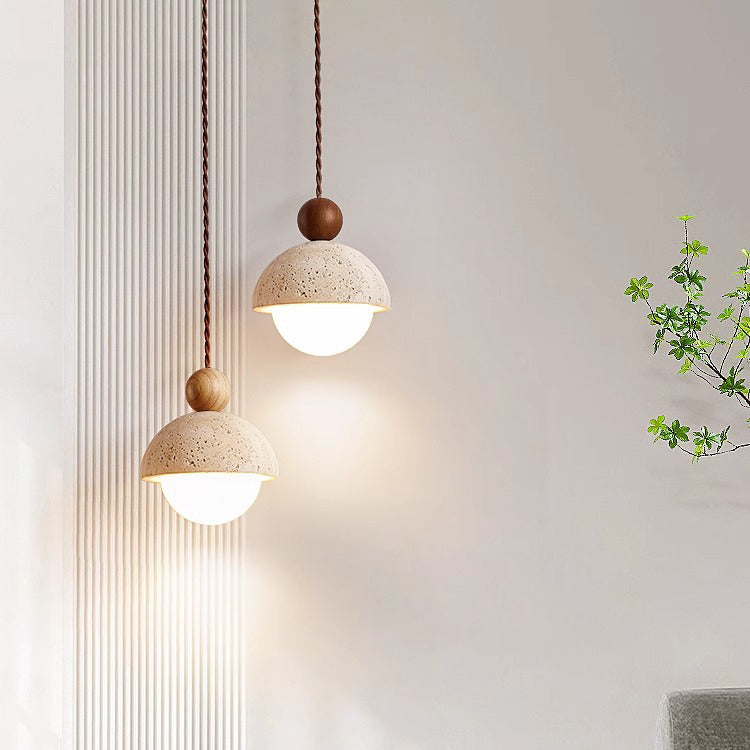 Japanese Multi Orb Wood and Travertine Pendant