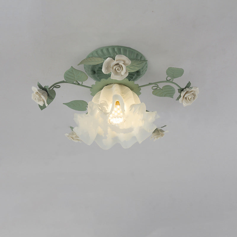 French Bellflower Leaf Ceramic Glass Shade 1-Light Semi-Flush Mount Ceiling Light