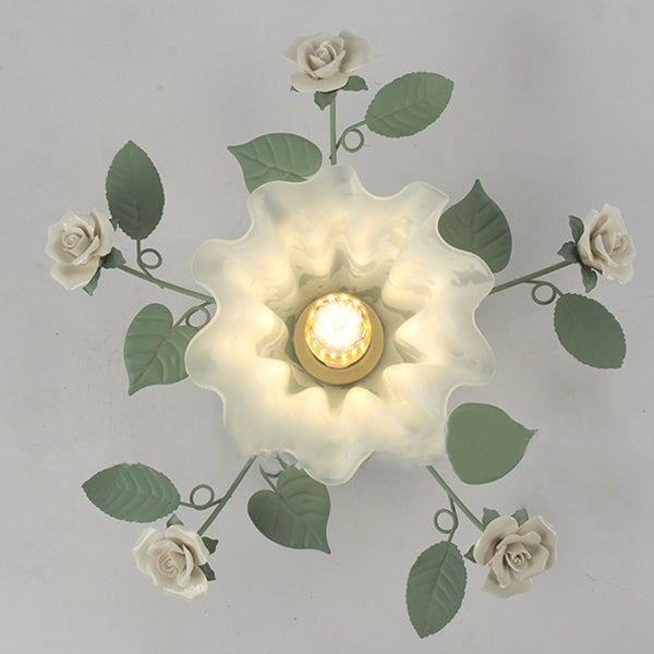 French Bellflower Leaf Ceramic Glass Shade 1-Light Semi-Flush Mount Ceiling Light