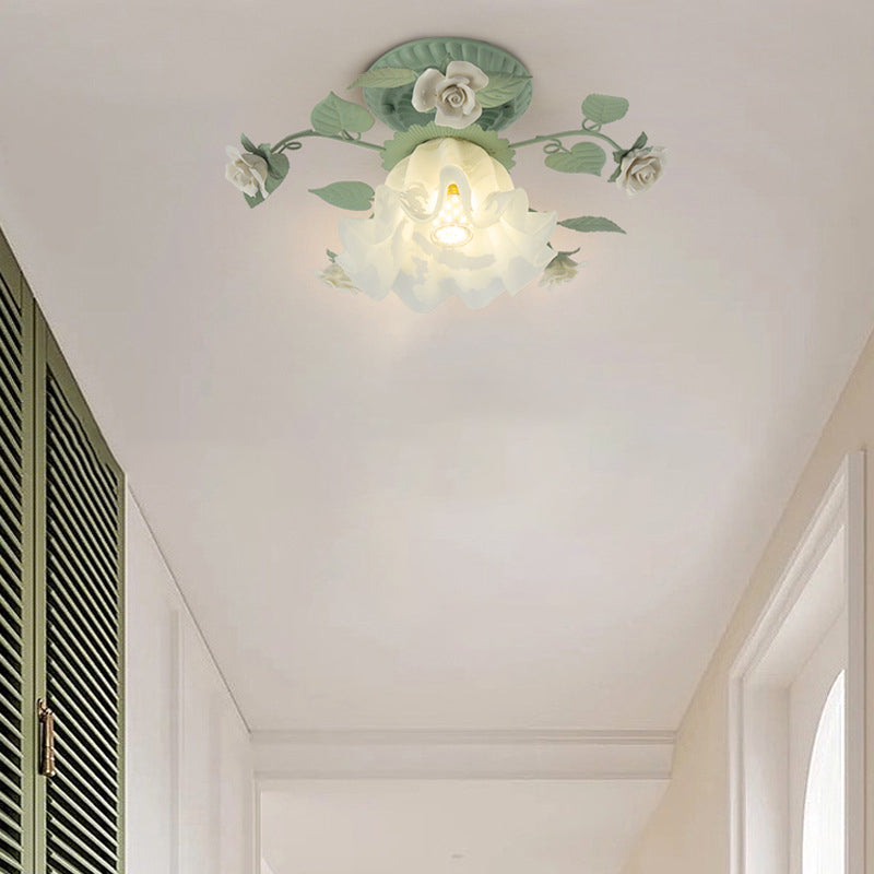 French Bellflower Leaf Ceramic Glass Shade 1-Light Semi-Flush Mount Ceiling Light