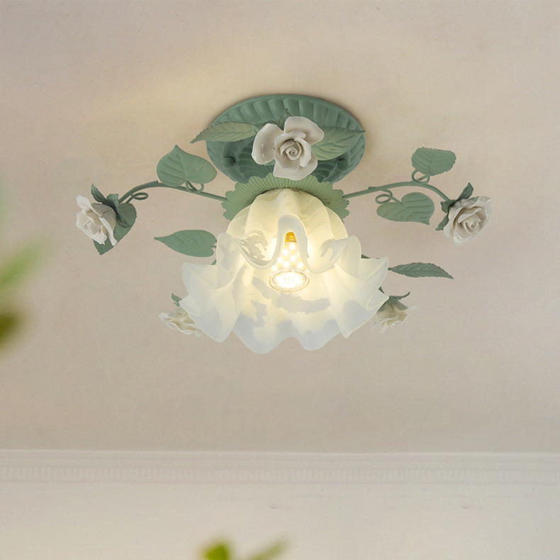 French Bellflower Leaf Ceramic Glass Shade 1-Light Semi-Flush Mount Ceiling Light