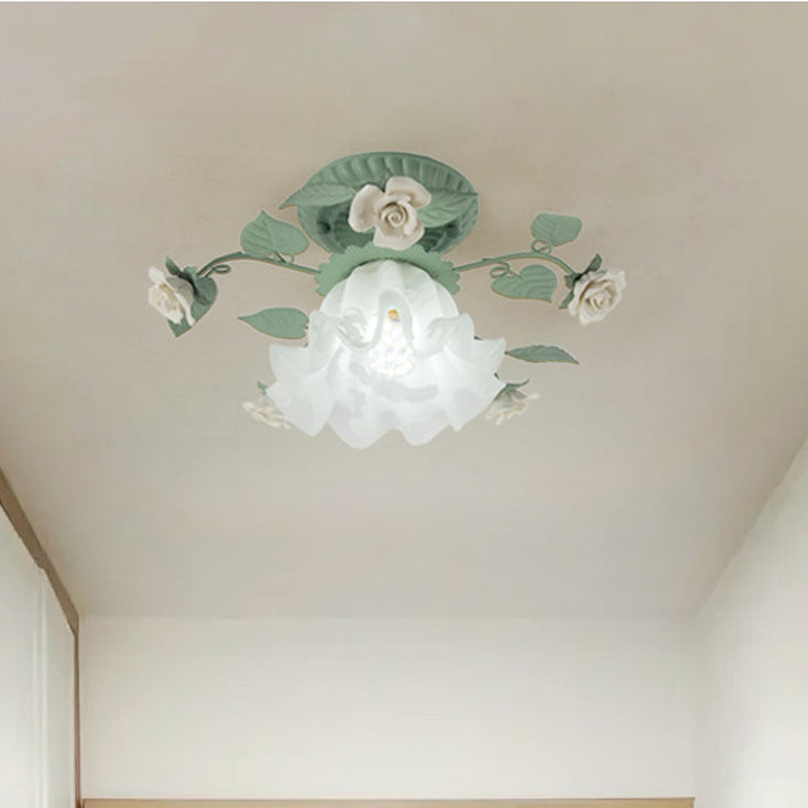 French Bellflower Leaf Ceramic Glass Shade 1-Light Semi-Flush Mount Ceiling Light