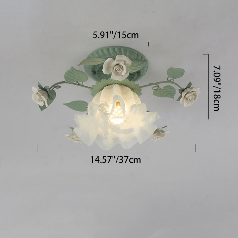 French Bellflower Leaf Ceramic Glass Shade 1-Light Semi-Flush Mount Ceiling Light