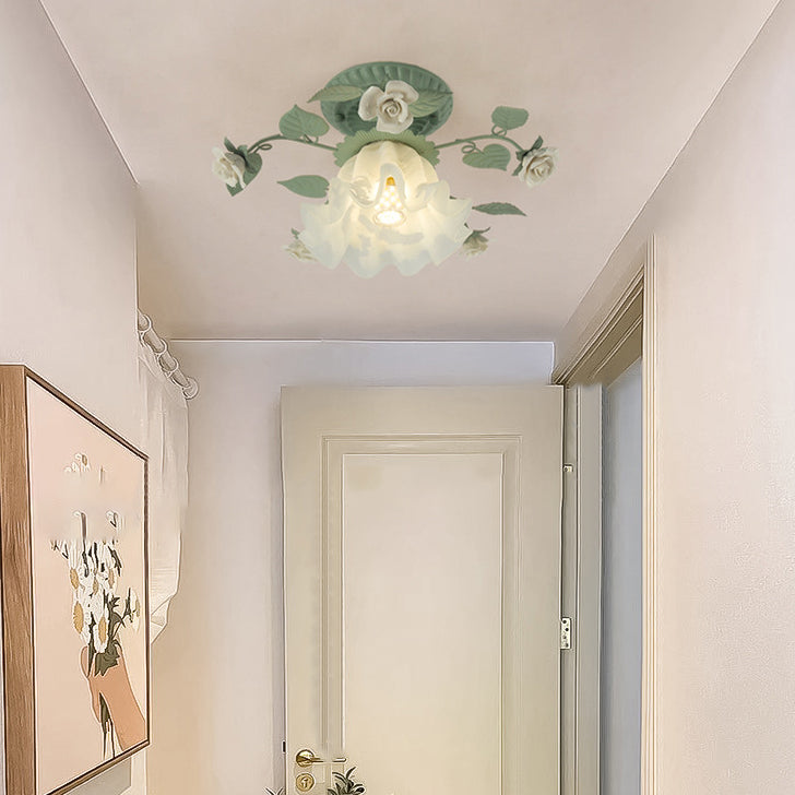 French Bellflower Leaf Ceramic Glass Shade 1-Light Semi-Flush Mount Ceiling Light