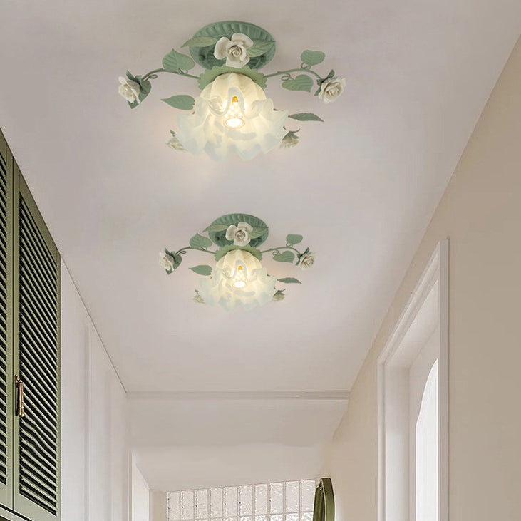 French Bellflower Leaf Ceramic Glass Shade 1-Light Semi-Flush Mount Ceiling Light