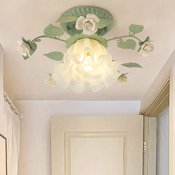 French Bellflower Leaf Ceramic Glass Shade 1-Light Semi-Flush Mount Ceiling Light