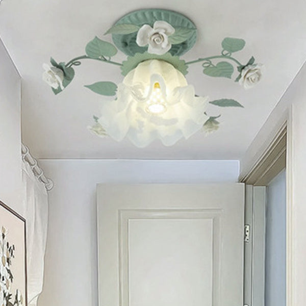 French Bellflower Leaf Ceramic Glass Shade 1-Light Semi-Flush Mount Ceiling Light