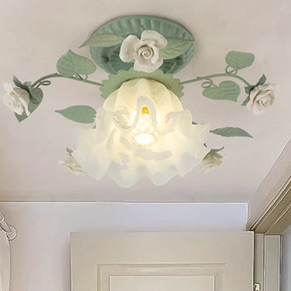 French Bellflower Leaf Ceramic Glass Shade 1-Light Semi-Flush Mount Ceiling Light