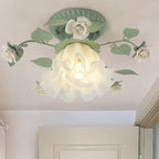French Bellflower Leaf Ceramic Glass Shade 1-Light Semi-Flush Mount Ceiling Light