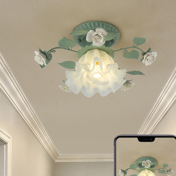 French Bellflower Leaf Ceramic Glass Shade 1-Light Semi-Flush Mount Ceiling Light