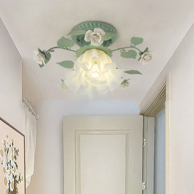 French Bellflower Leaf Ceramic Glass Shade 1-Light Semi-Flush Mount Ceiling Light