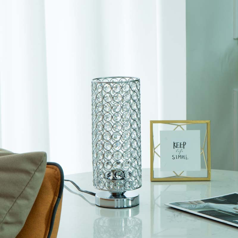 Premium Modern Cylinder Iron and Crystal 1-Light Table Lamp for Living Room