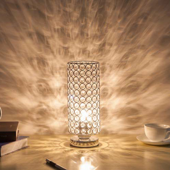 Premium Modern Cylinder Iron and Crystal 1-Light Table Lamp for Living Room