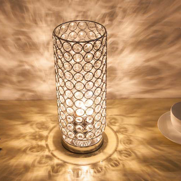 Premium Modern Cylinder Iron and Crystal 1-Light Table Lamp for Living Room