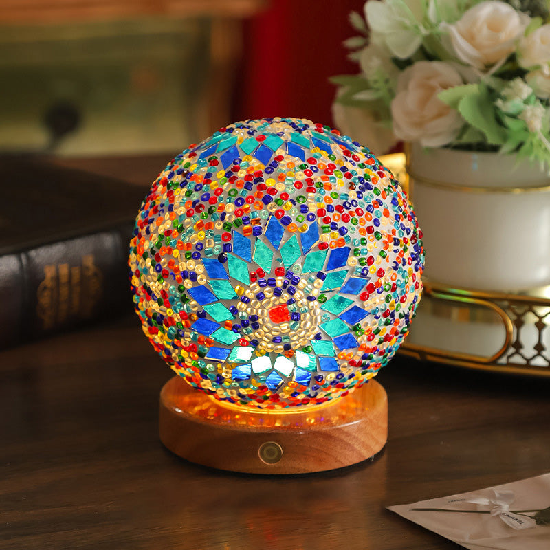 Bohemian Glass Ball USB LED Table Lamp with Wooden Base for Bedroom Decor